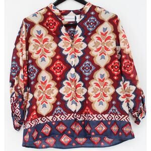 Alfred Dunner Top Womens 18 Red Blue Ikat Split Neck 3/4 Sleeve Roll Tab Tunic